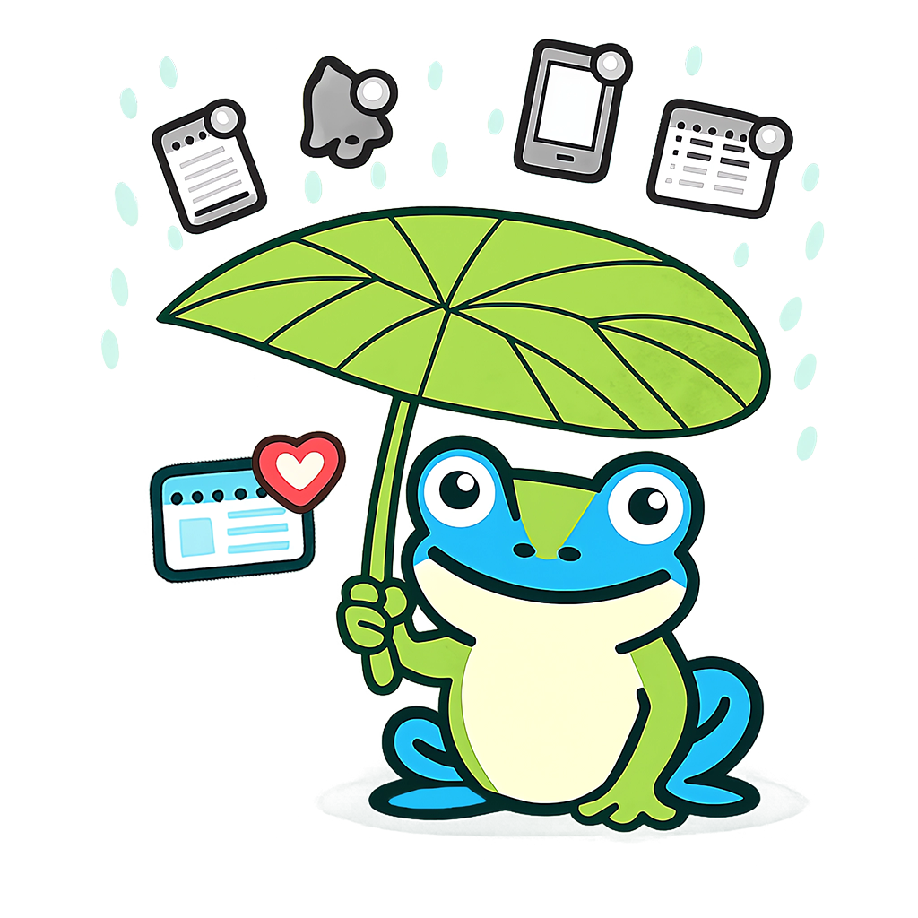 Moni - A frog protecting itself from information rain with a lotus leaf umbrella